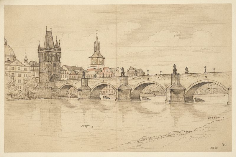 Da Vinci-style sepia sketch of Charles Bridge, Prague