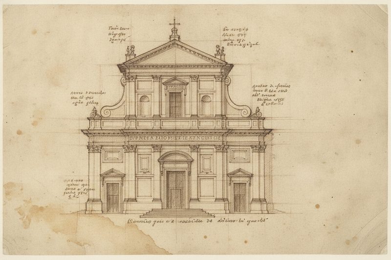 Da Vinci-style sepia sketch of Sant'Ignazio, Rome