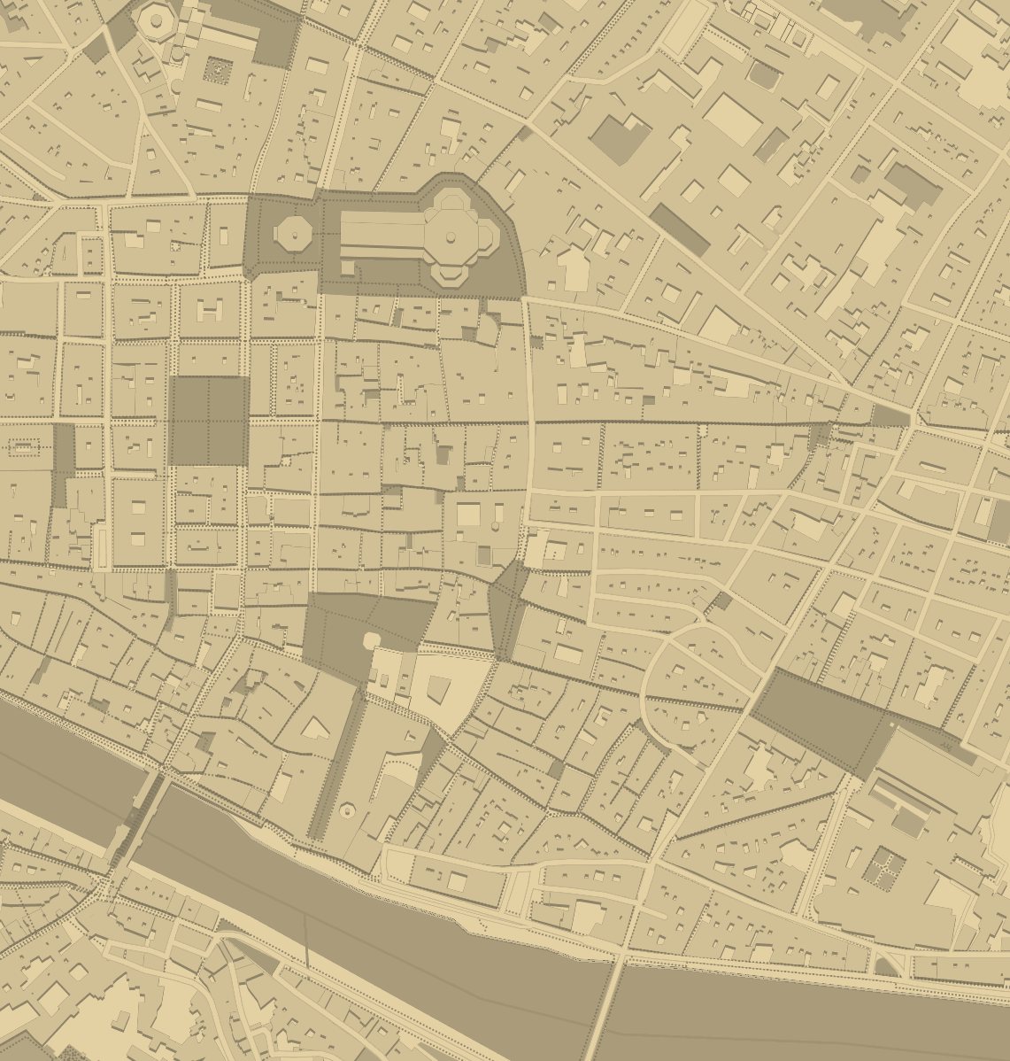 Street map of Florence with the 8 stops of the free walking tour plotted from Piazza del Duomo to Santa Croce