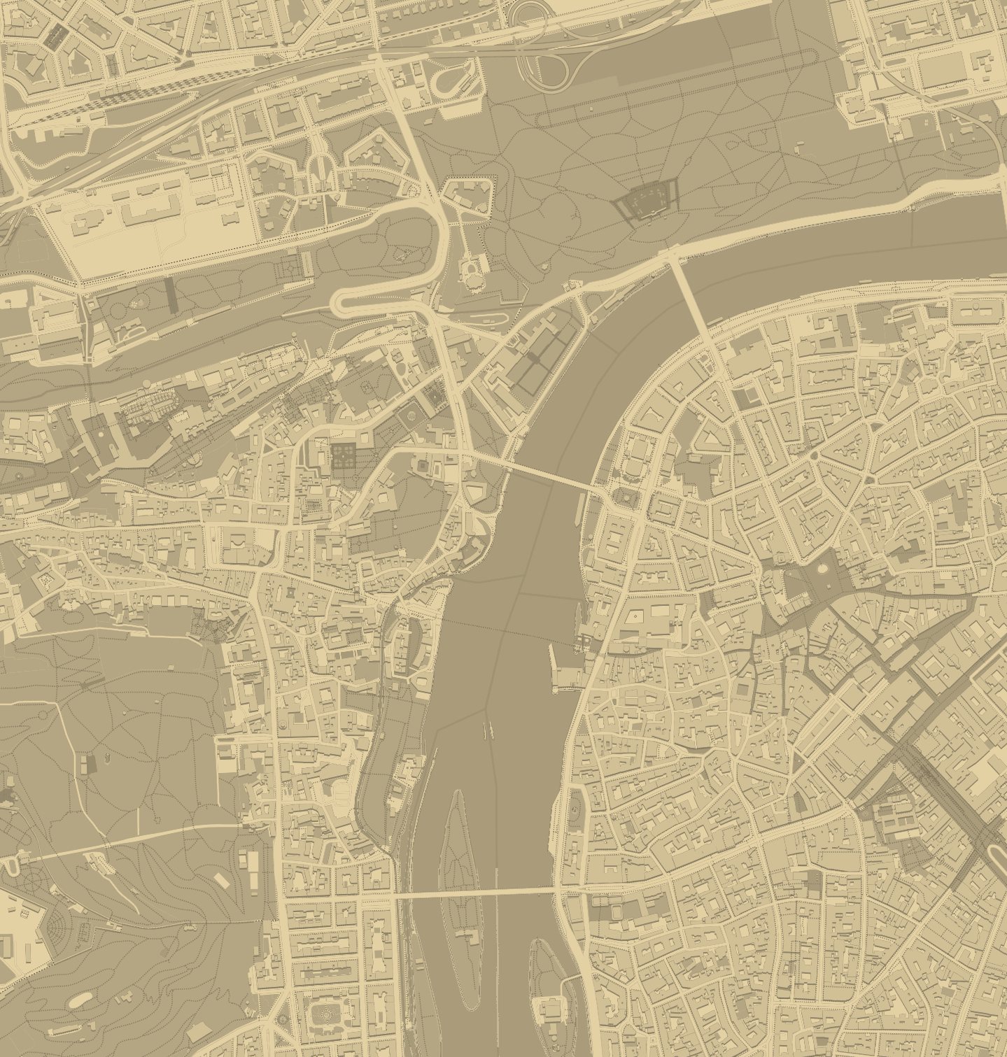 Street map of Prague with the 8 stops of the free walking tour plotted from Old Town Square to St Vitus Cathedral